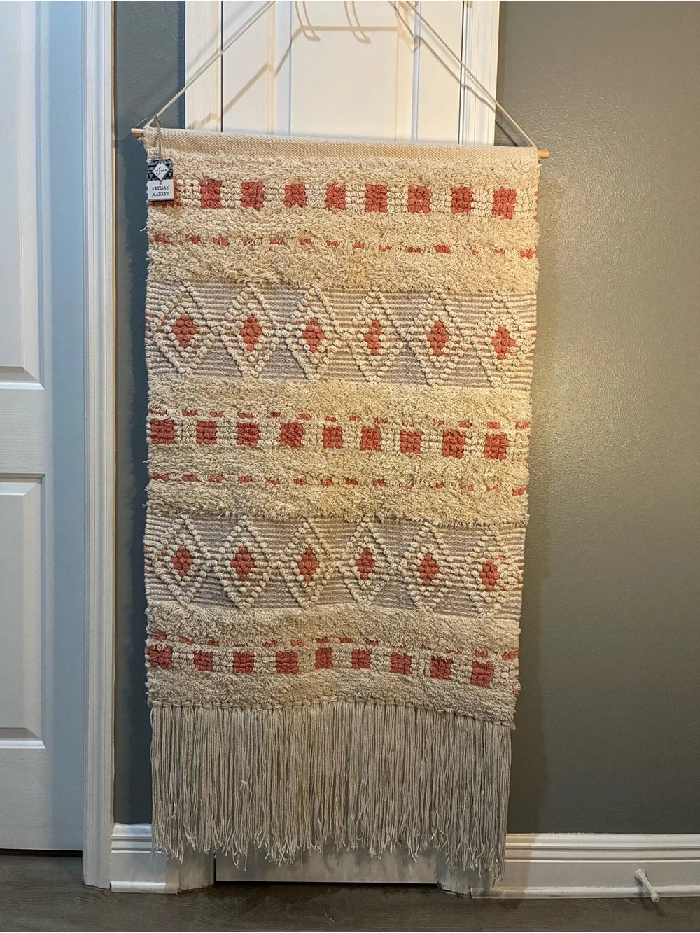 Handmade Cream Grey & Terracotta 31x55 inches, Boho Geometric Woven Tapestry